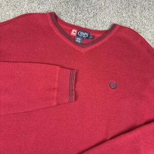 Chaps Mens V-Neck Sweater Burgundy Red Cotton Knit Crest Logo Large ZC-586